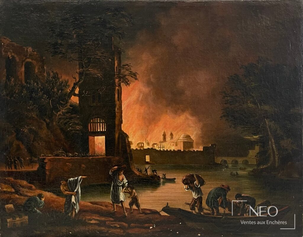 Scène d’incendie nocturne avec personnages au premier plan et lueurs rouges à l’horizon