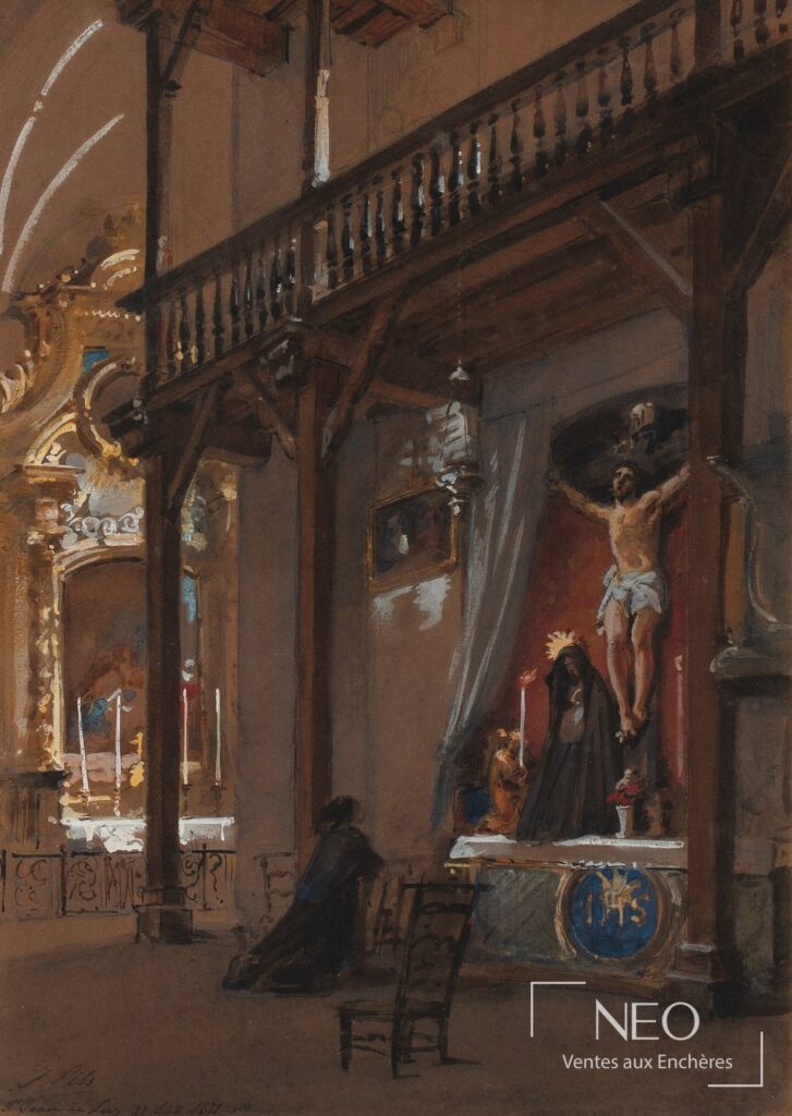 Vue de l'aquarelle d'Isidore Pils représentant l'intérieur d'une église