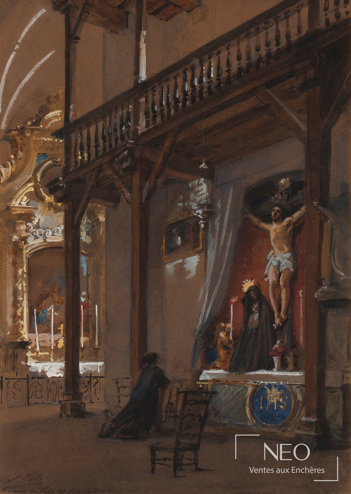 Vue de l'aquarelle d'Isidore Pils représentant l'intérieur d'une église