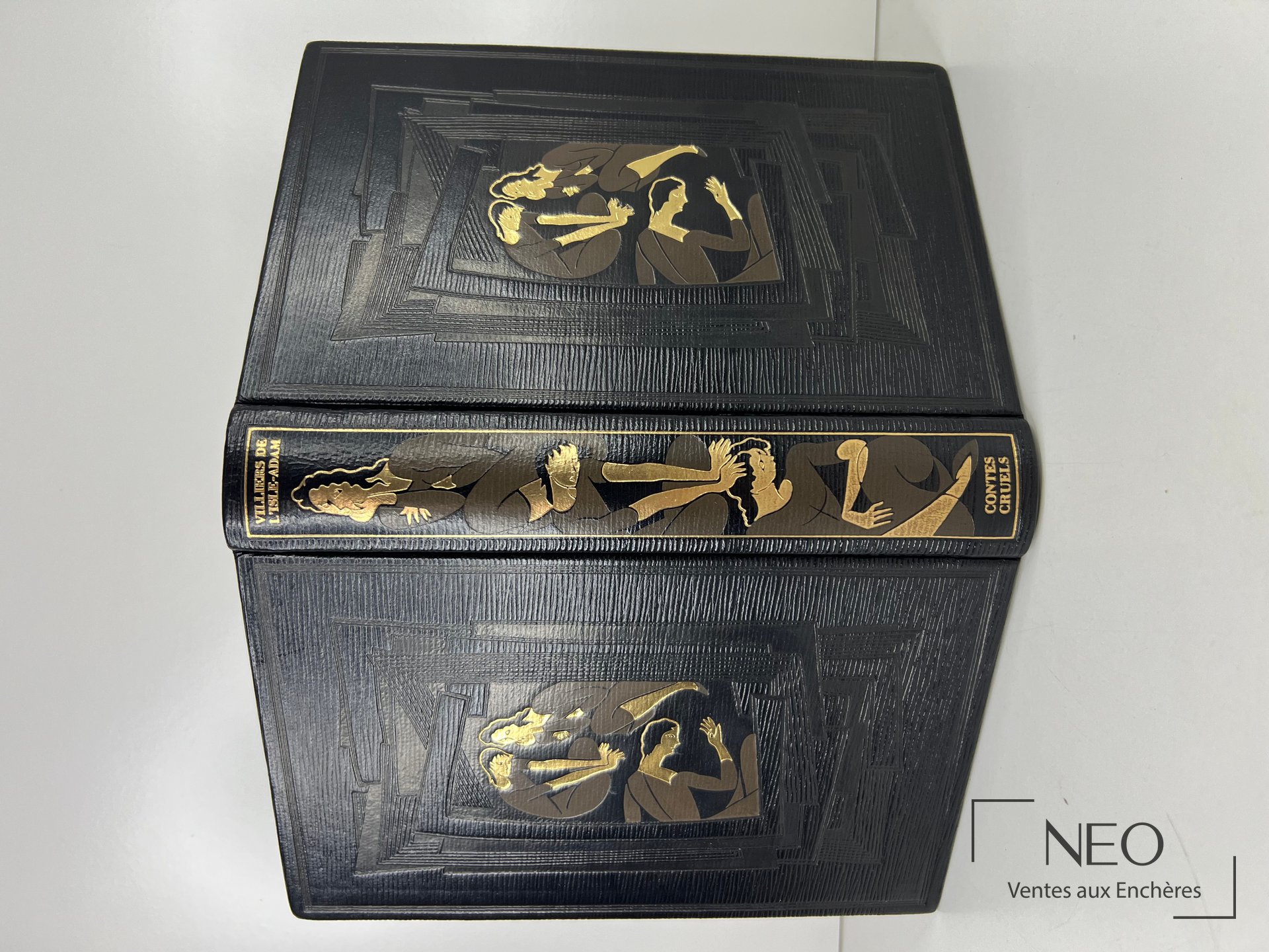 Livre relié noir avec décor doré sur les plats et le dos