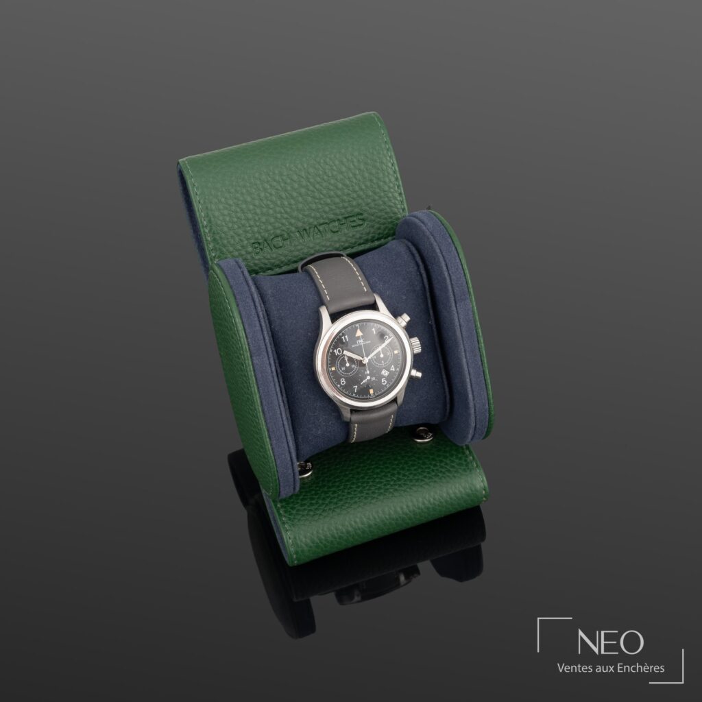 Montre IWC Fliegeruhr sur coussin vert et bleu