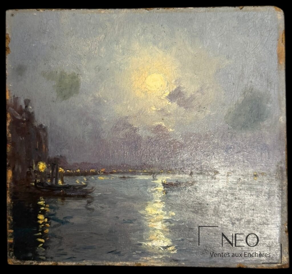 Vue de face d'une huile sur carton représentant la lagune de Venise au clair de lune