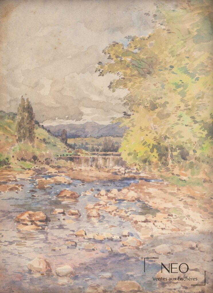Aquarelle de paysage avec rivière