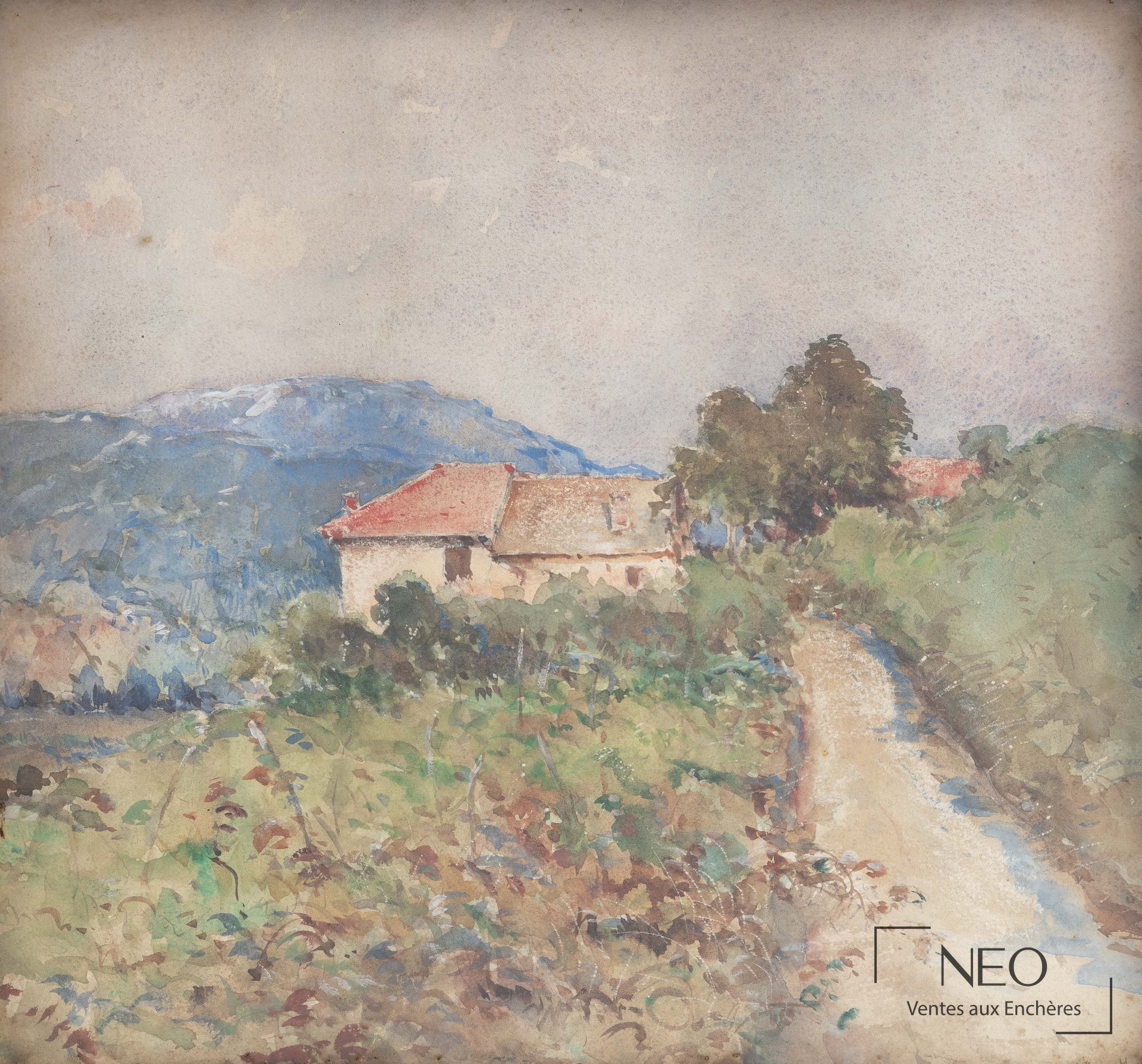 Aquarelle de paysage avec ferme
