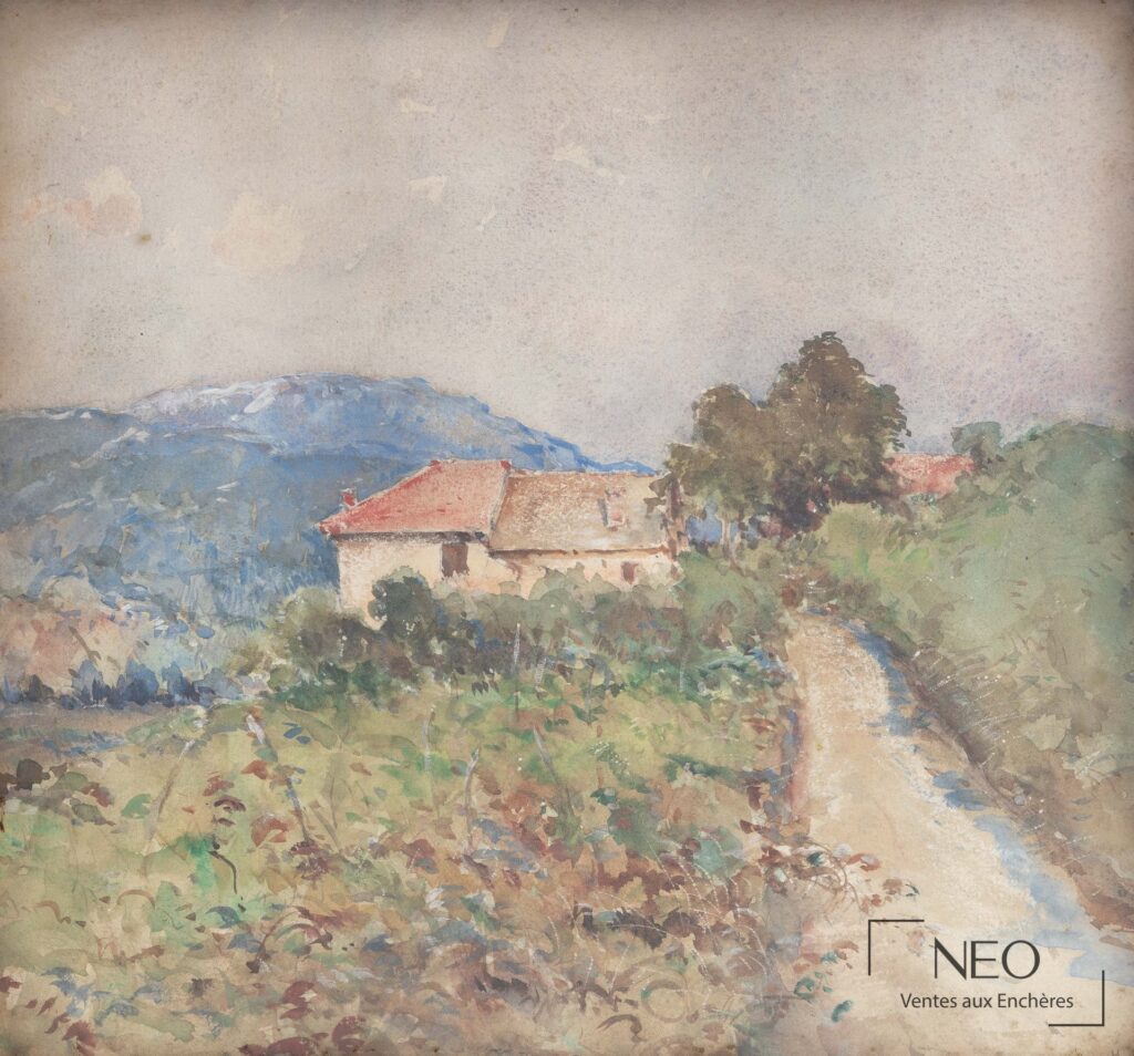 Aquarelle d'un paysage rural avec maison