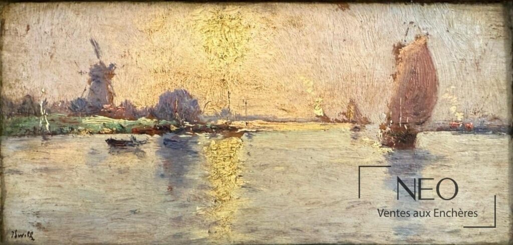 Paysage marin avec moulins et voilier