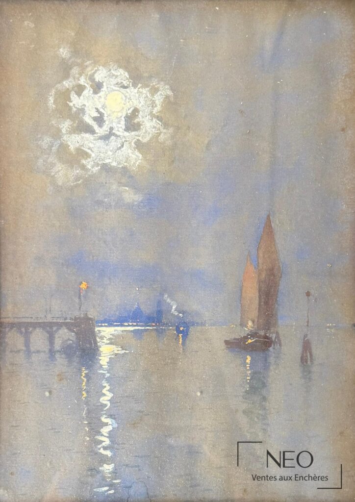 Vue de la peinture représentant Venise sous la lune avec reflets sur l'eau