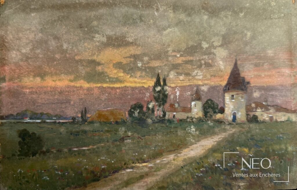 Paysage de campagne au coucher du soleil avec un château et une tour