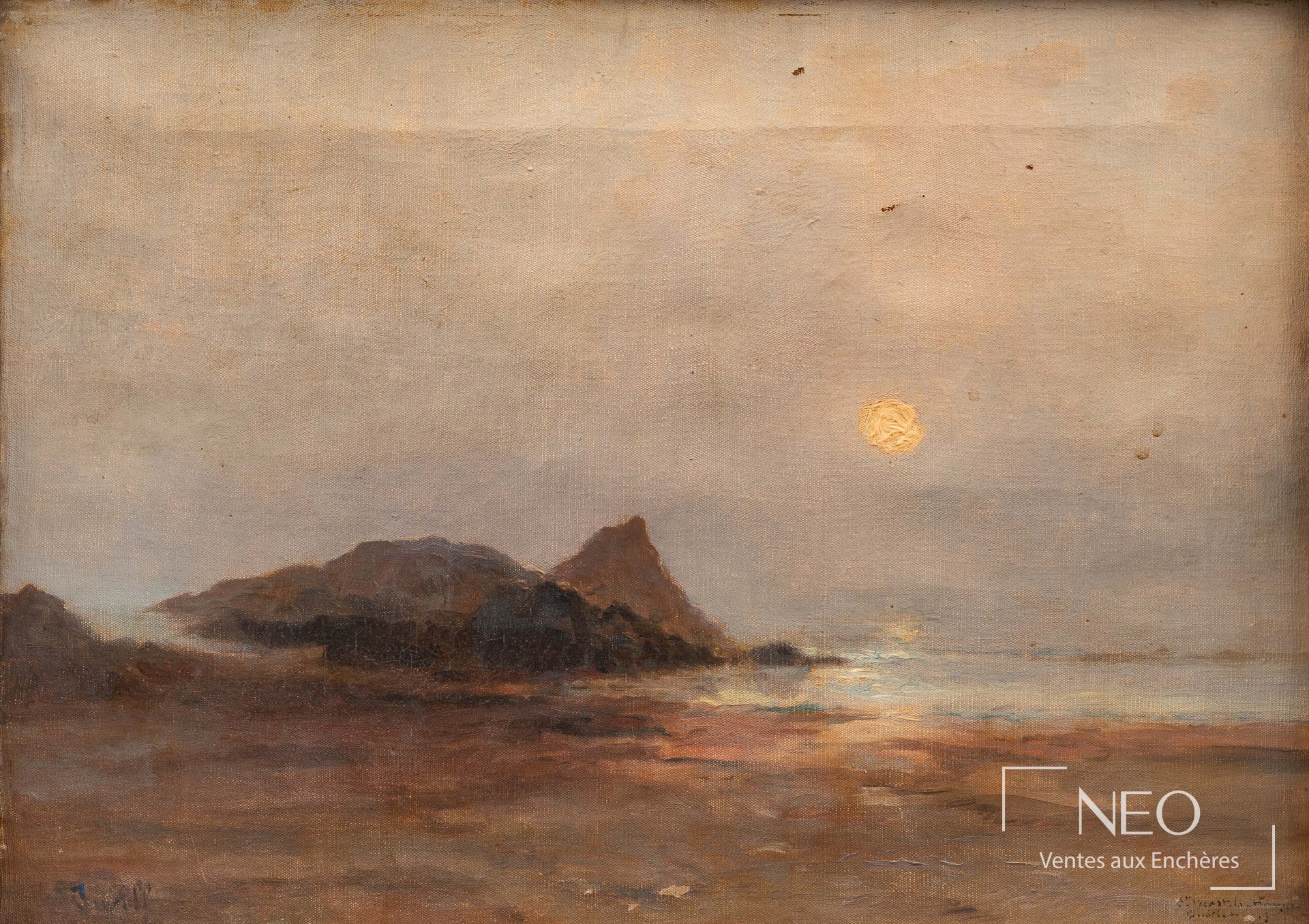 Marine nocturne d'Iwill avec lune sur la mer et rochers au premier plan