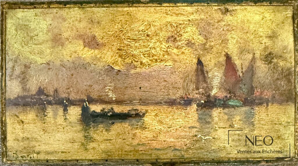 Peinture de voiliers sur une lagune au crépuscule
