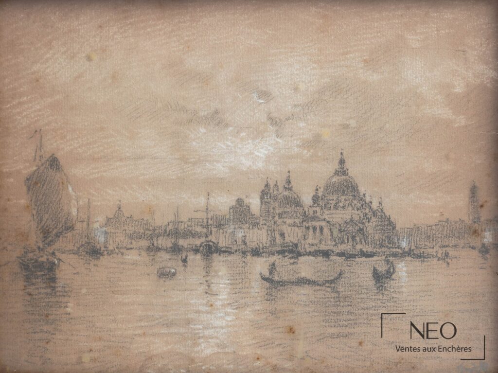 Vue de la Salute à Venise au fusain et rehauts blancs sur papier grège