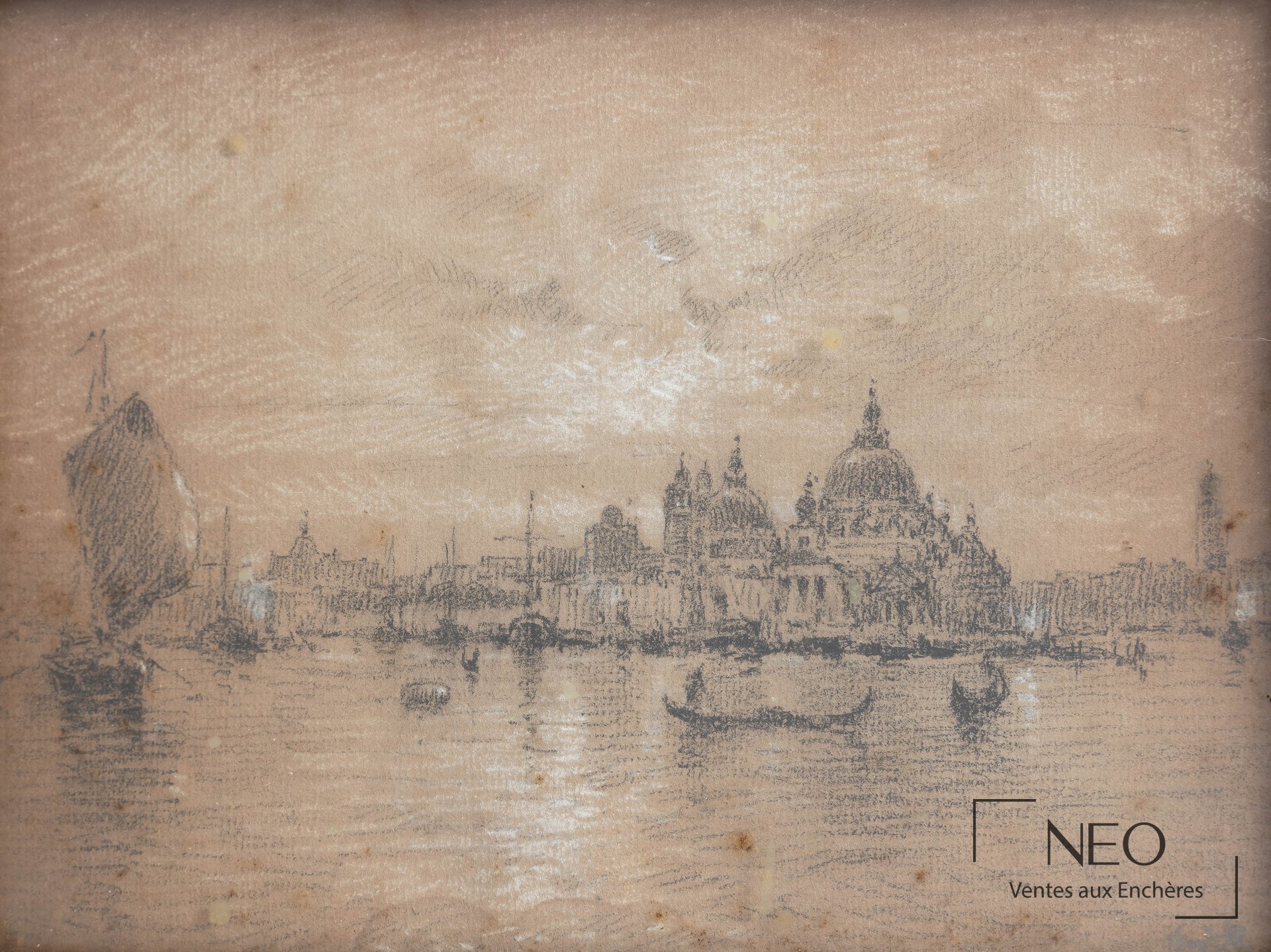 Vue de la Salute à Venise au fusain et rehauts blancs sur papier grège