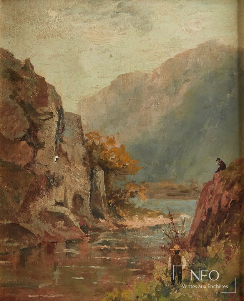 Scène de pêche dans un paysage montagneux