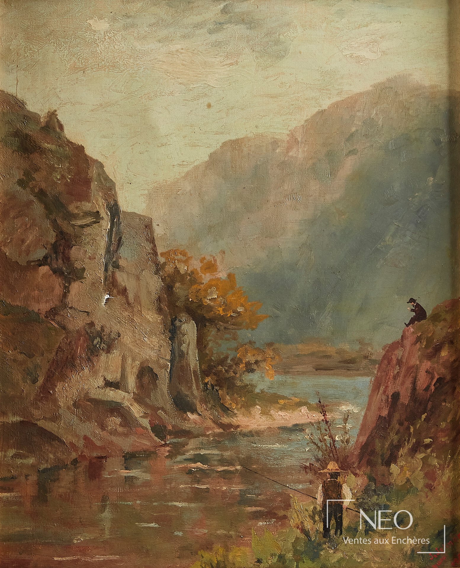 Scène de pêche dans un paysage montagneux