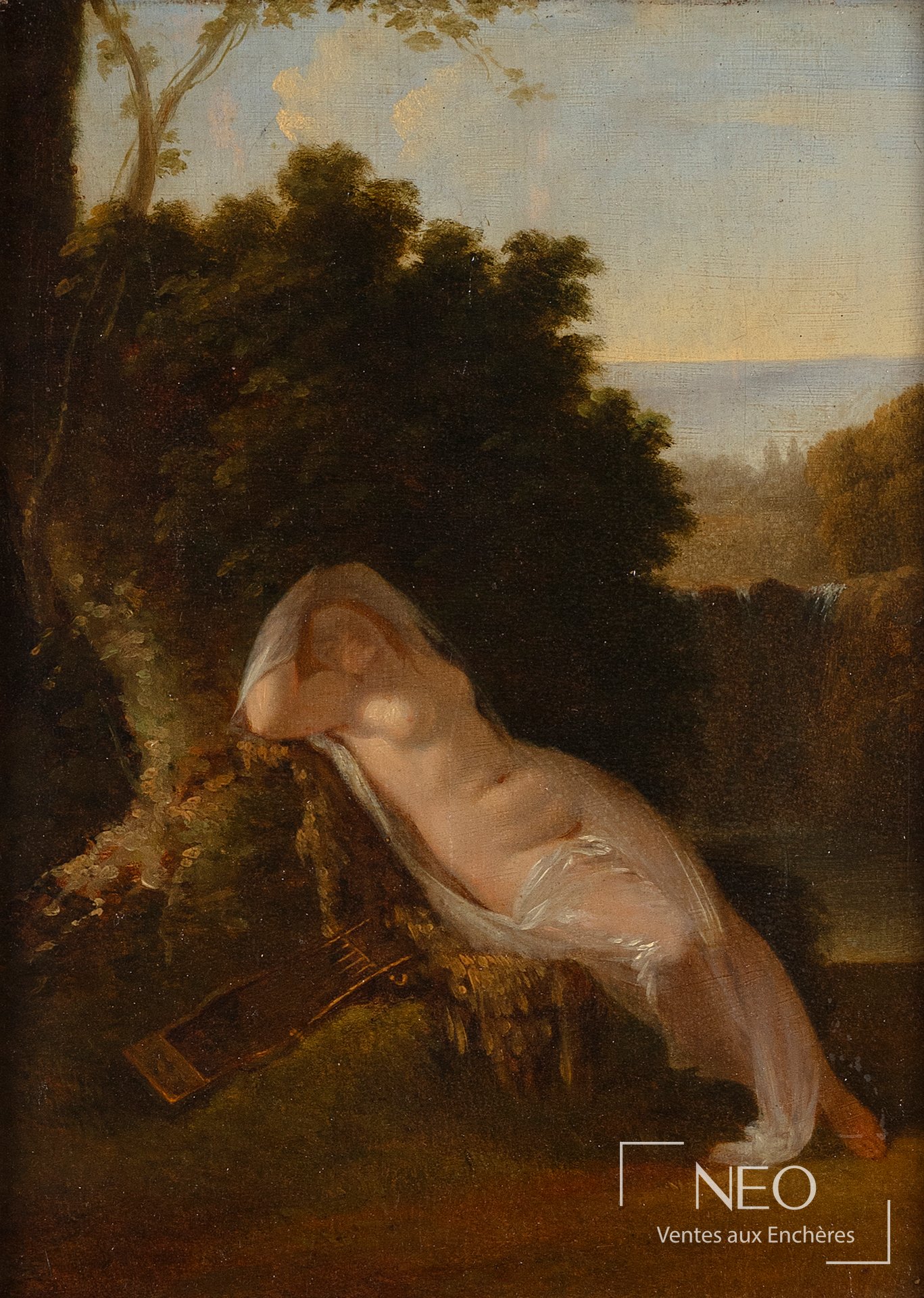 Femme étendue dans un paysage peinte sur panneau de chêne