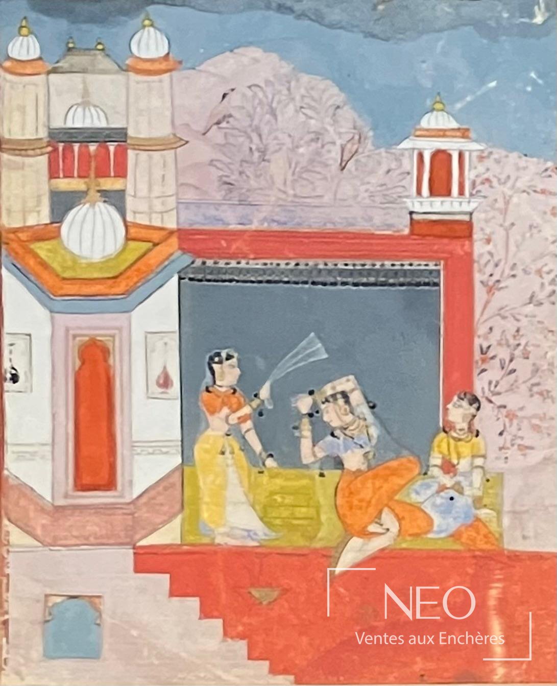 Huile sur toile représentant une maison colorée avec plusieurs personnages
