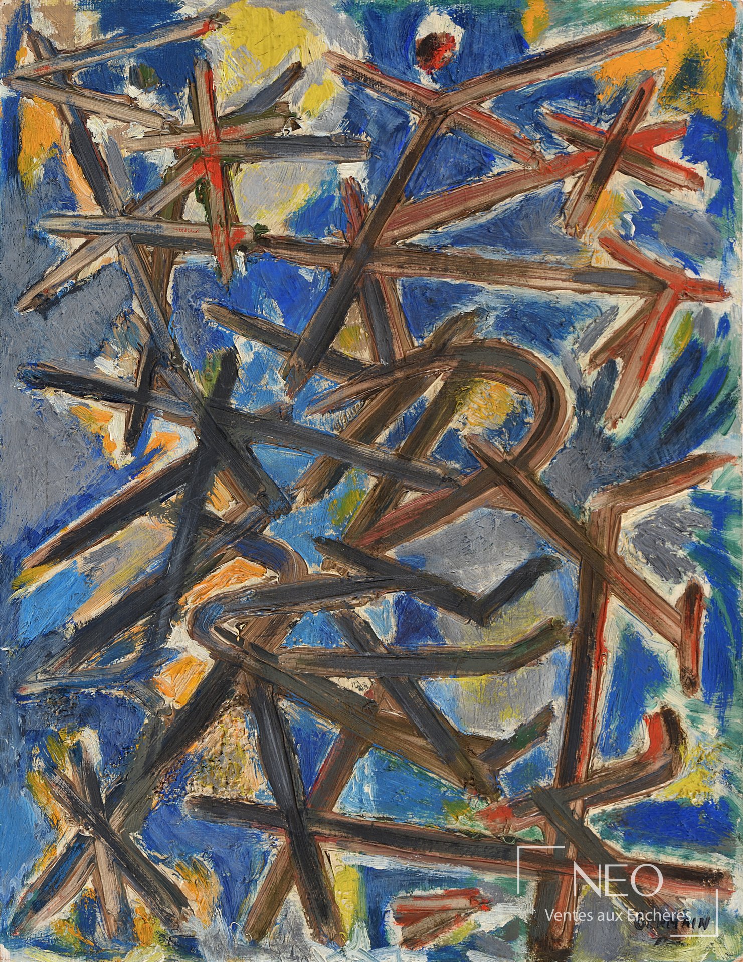 Composition abstraite aux larges traits croisés sur fond bleu