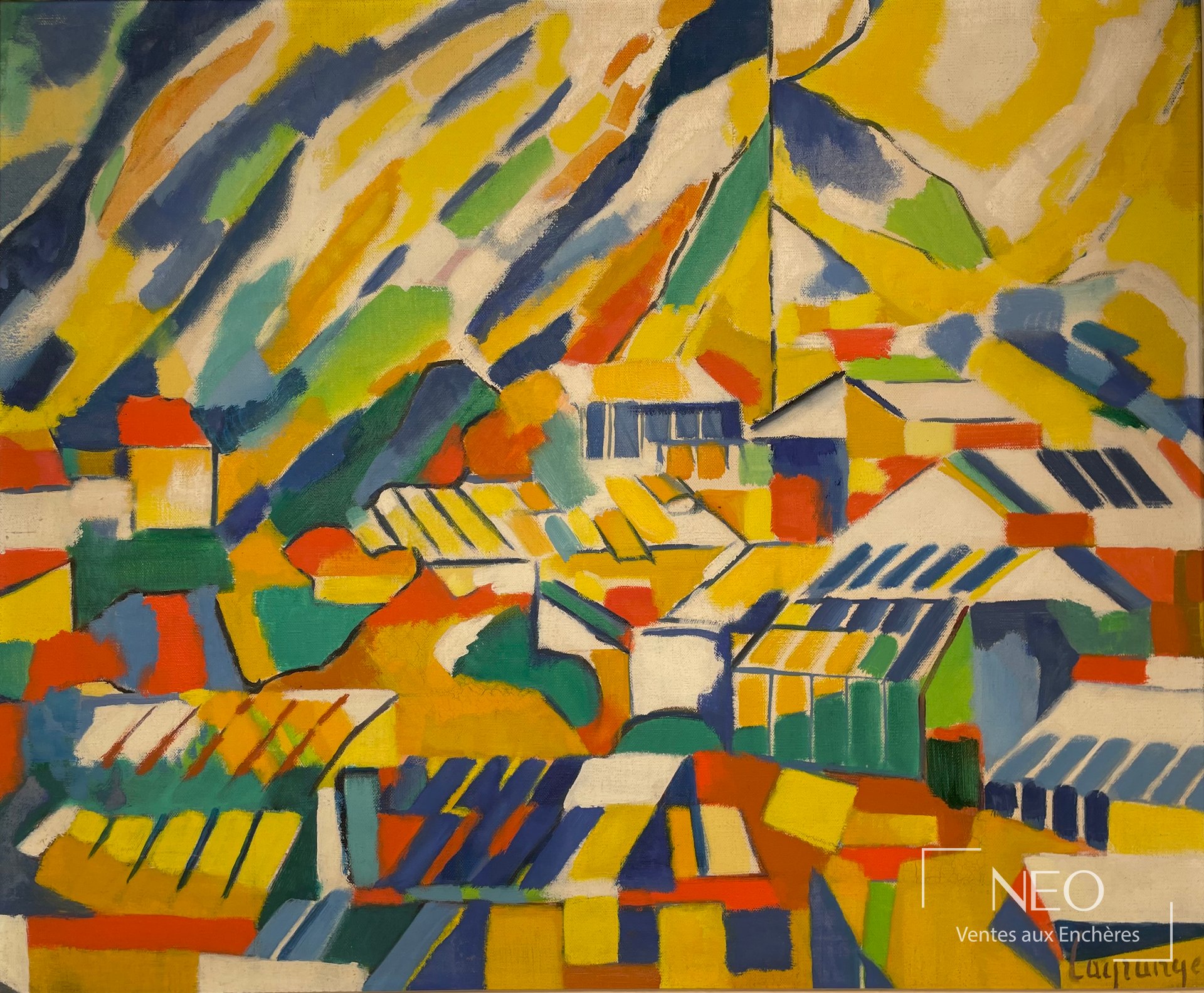 Peinture abstraite colorée de Jacques Lagrange représentant des serres à Antibes