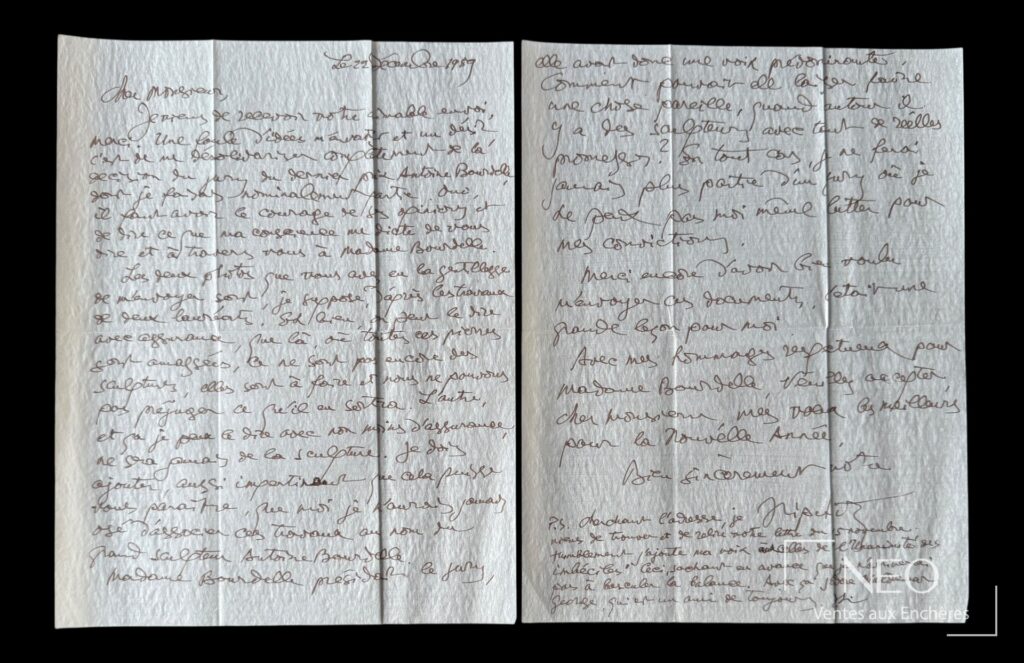 Lettre autographe manuscrite de Jacques Lipchitz sur deux feuillets pliés