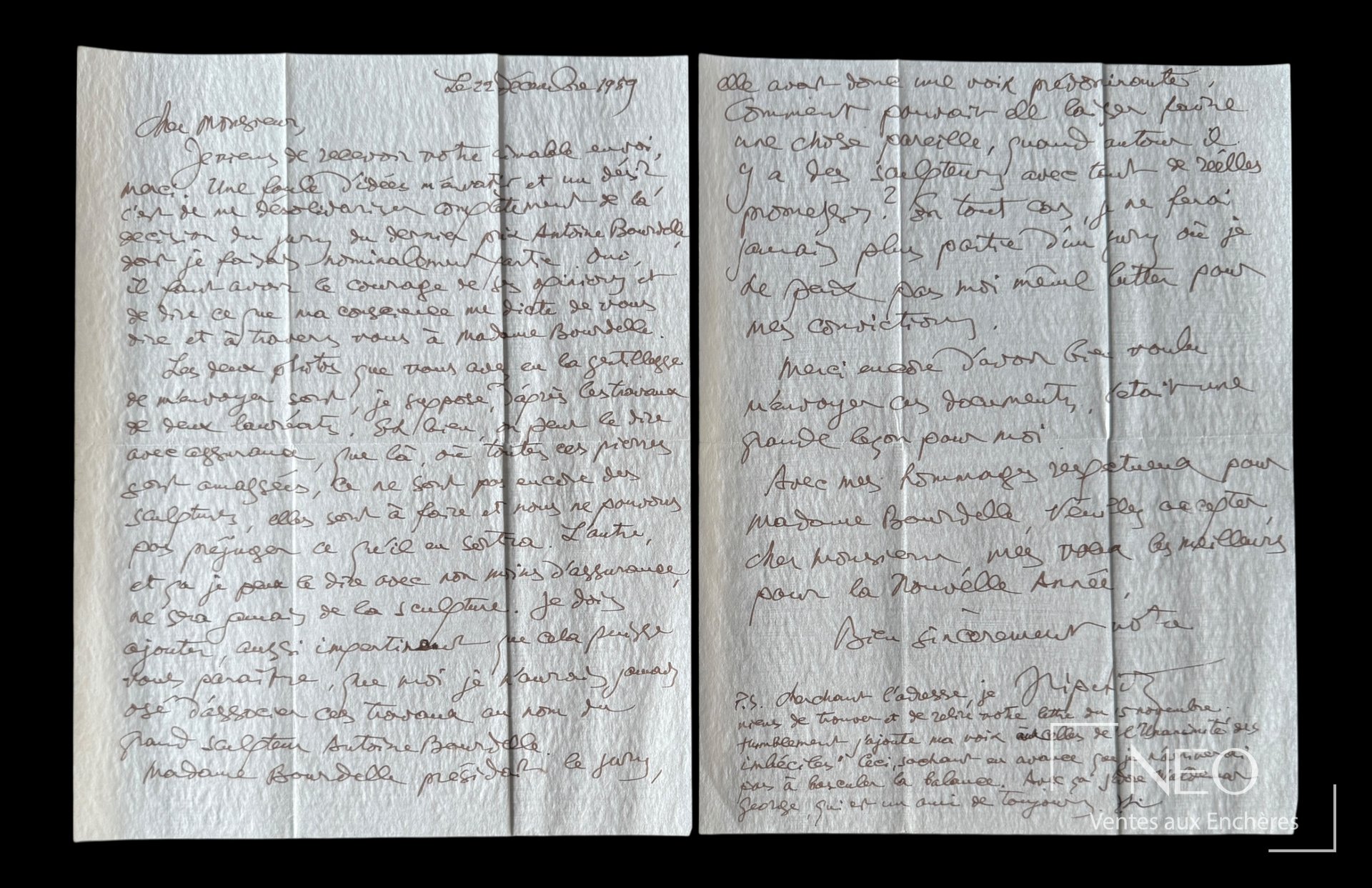 Lettre manuscrite de Jacques Lipchitz sur deux pages avec date autographe en haut