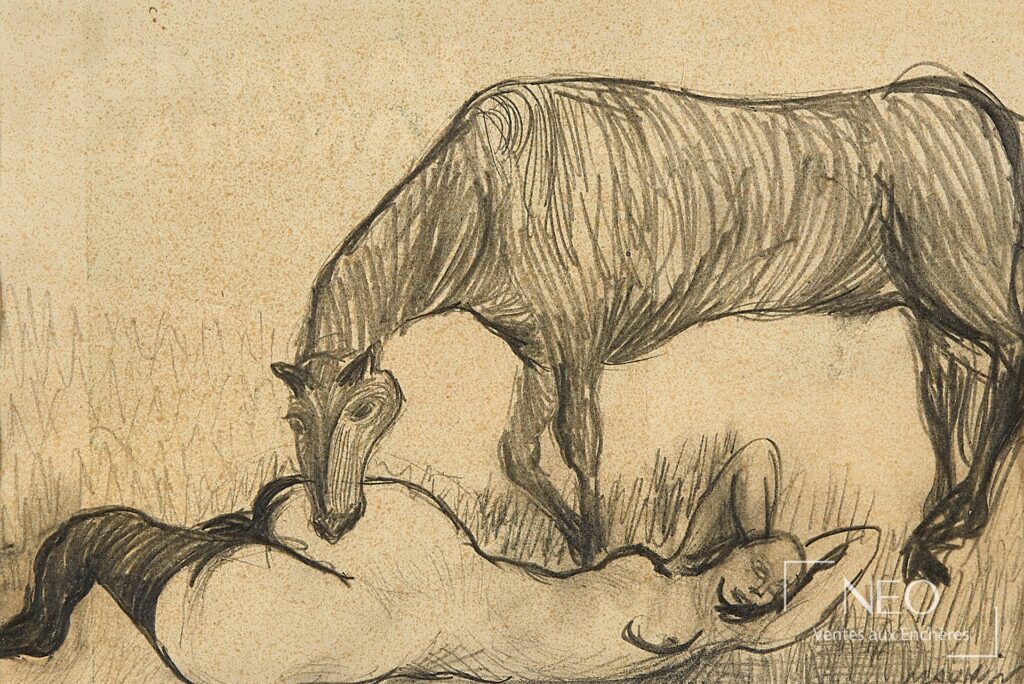 Dessin au crayon représentant un cheval au-dessus d’une femme allongée dans un paysage herbeux