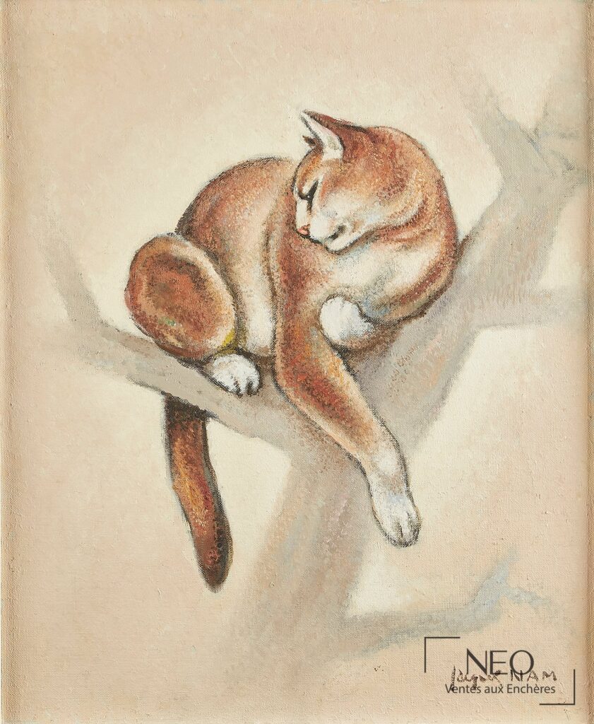 Peinture d'un félin roux endormi sur fond clair