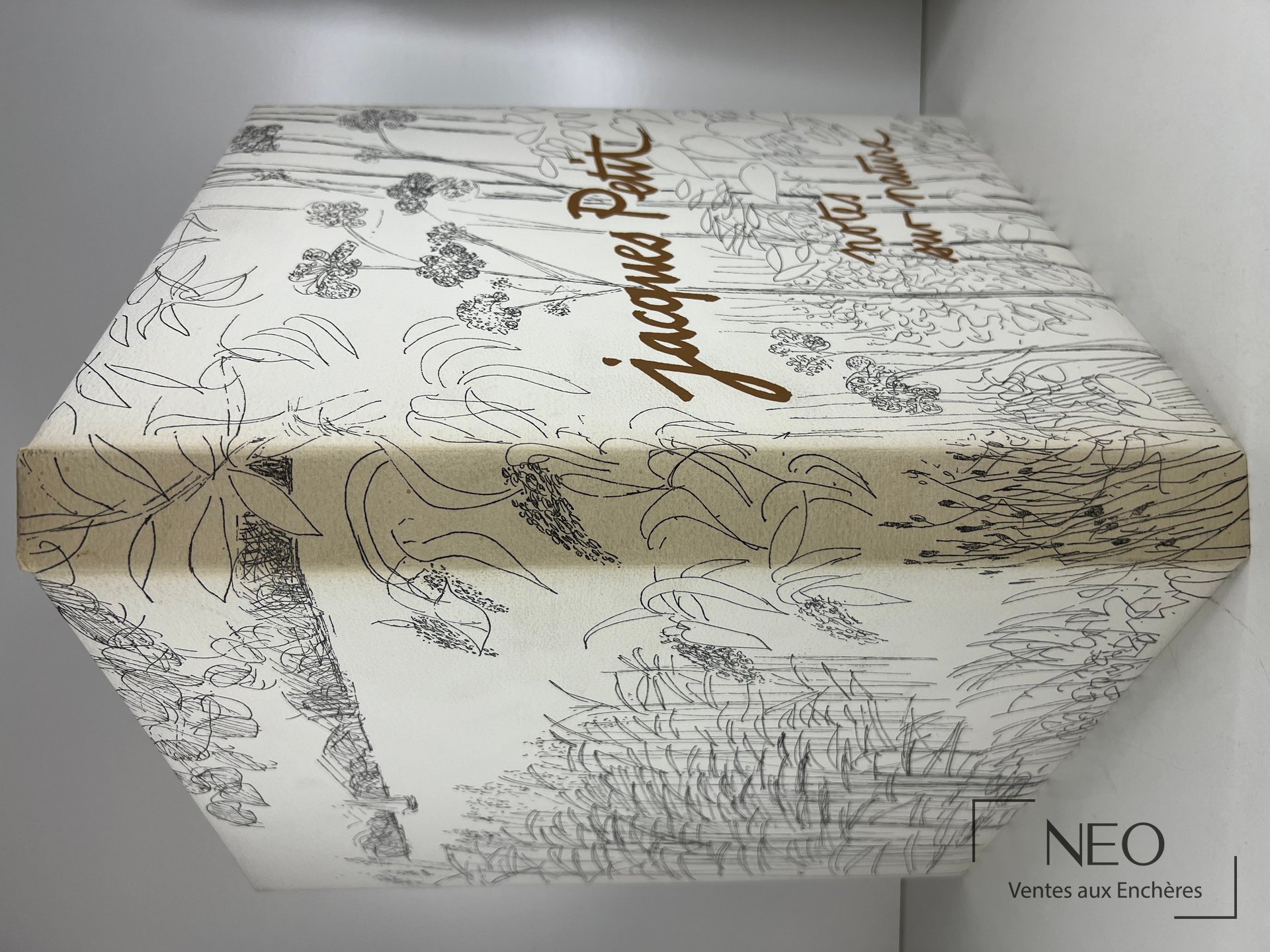 Coffret beige d'un livre d'artiste avec décor floral imprimé.