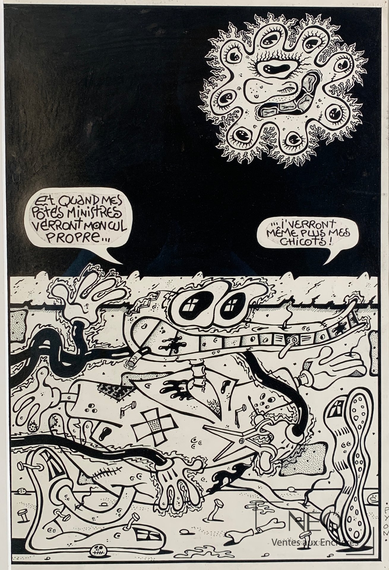 Illustration en noir et blanc de Jacques Pyon avec personnages fantastiques et bulles de texte