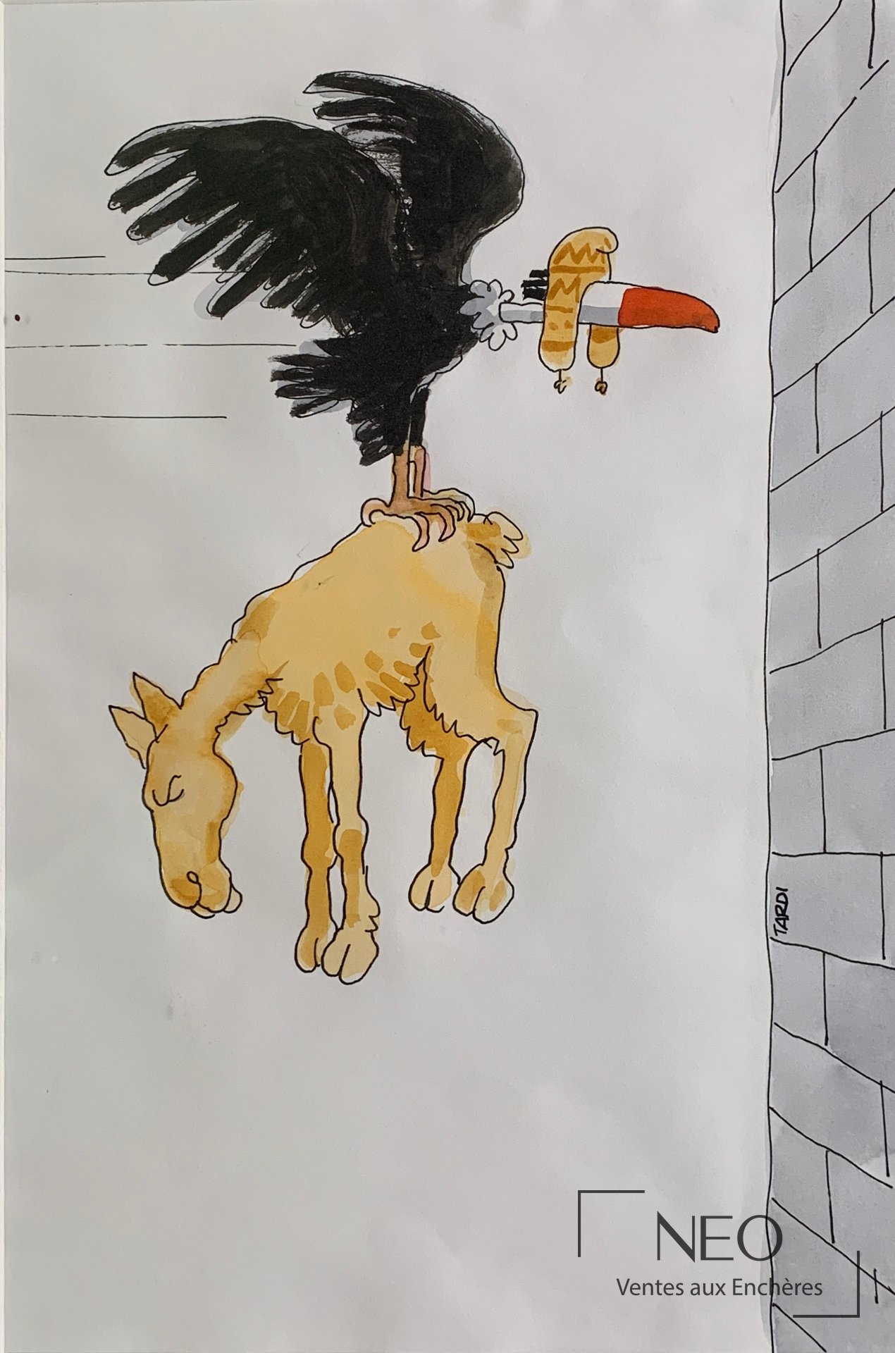 Jacques Tardi, illustration humoristique signée, encre de Chine et aquarelle