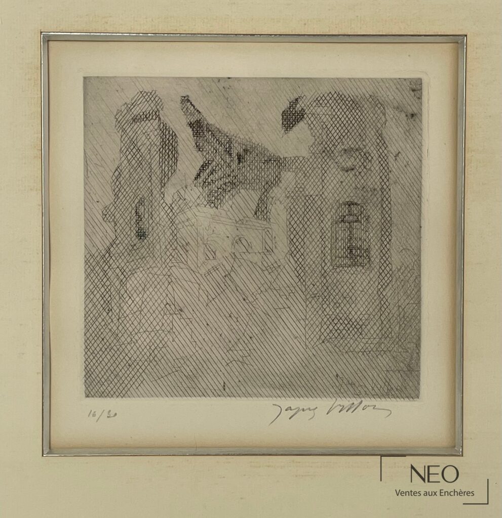 Estampe encadrée de Jacques Villon représentant une composition géométrique en noir et blanc