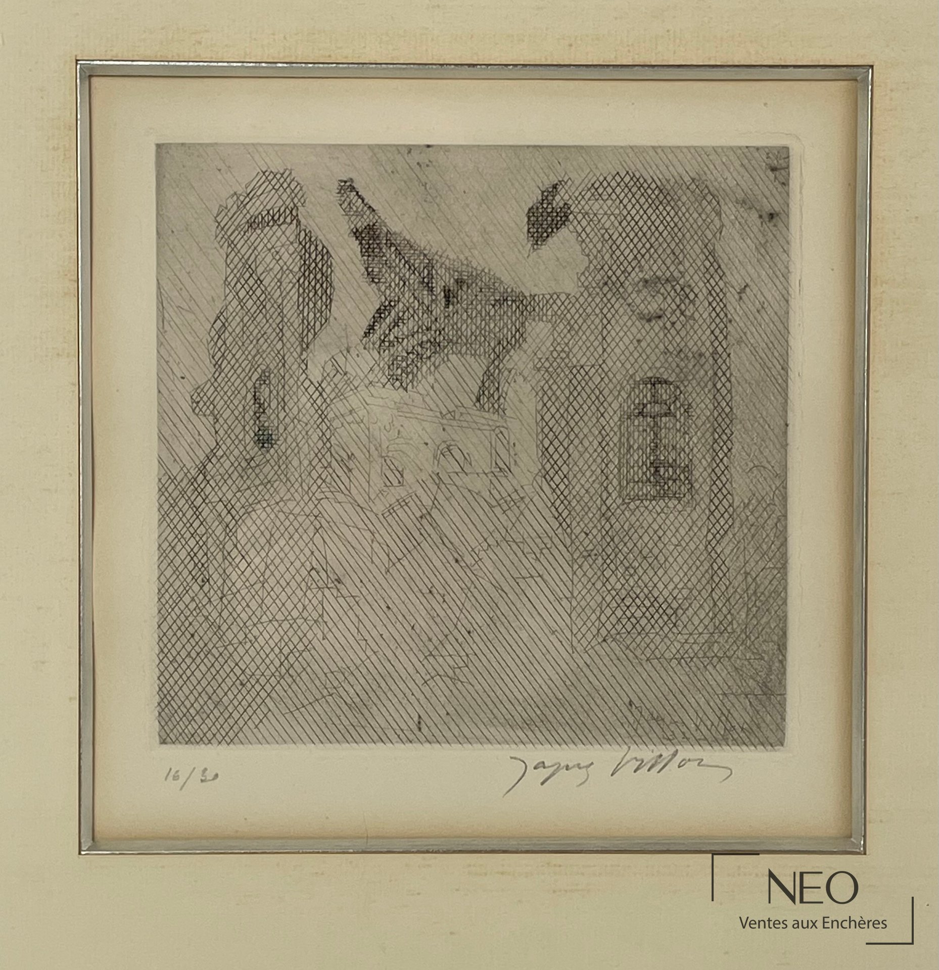 Estampe encadrée de Jacques Villon représentant une composition géométrique en noir et blanc