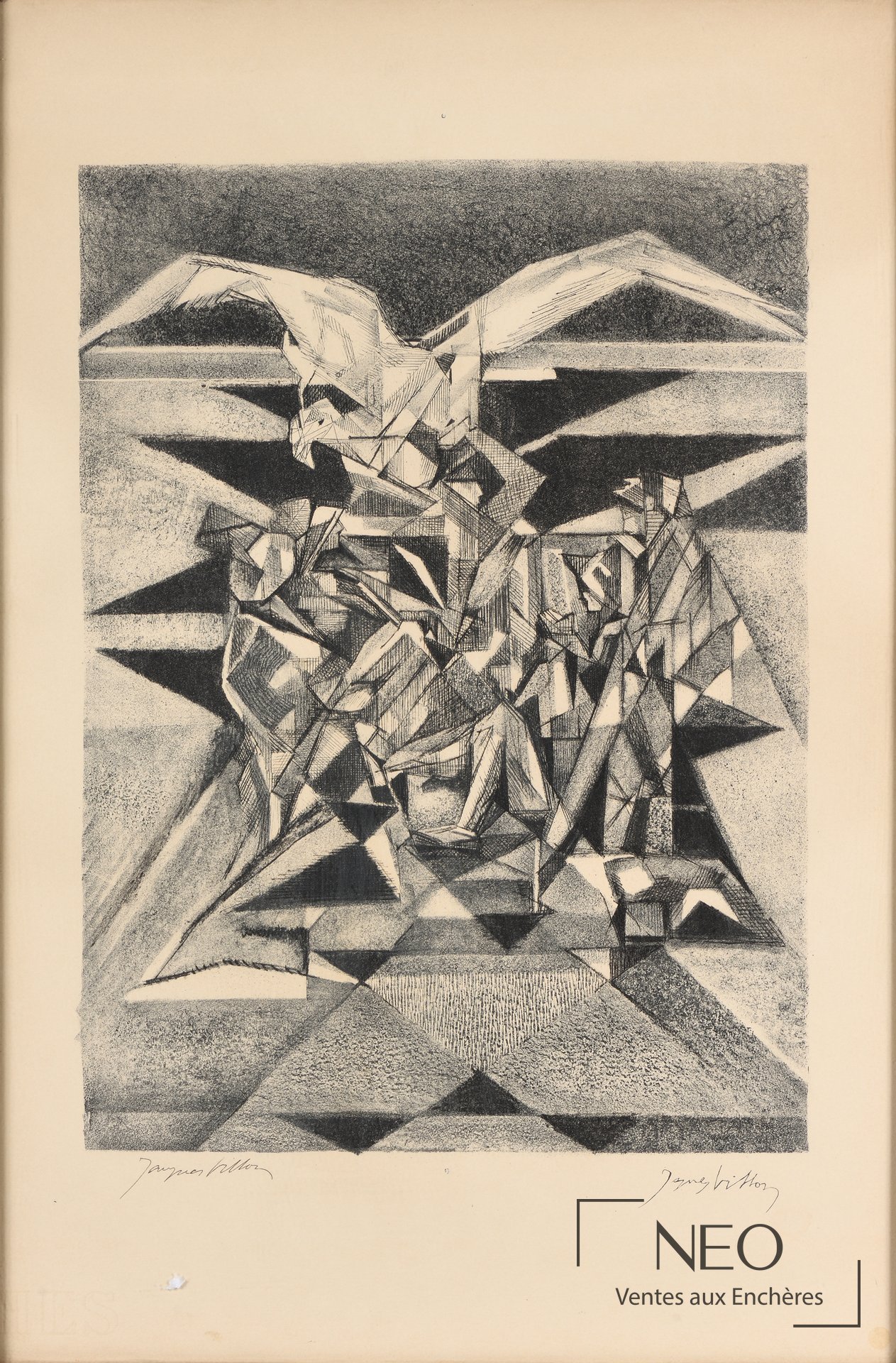Lithographie de Jacques Villon représentant une composition abstraite en noir et blanc