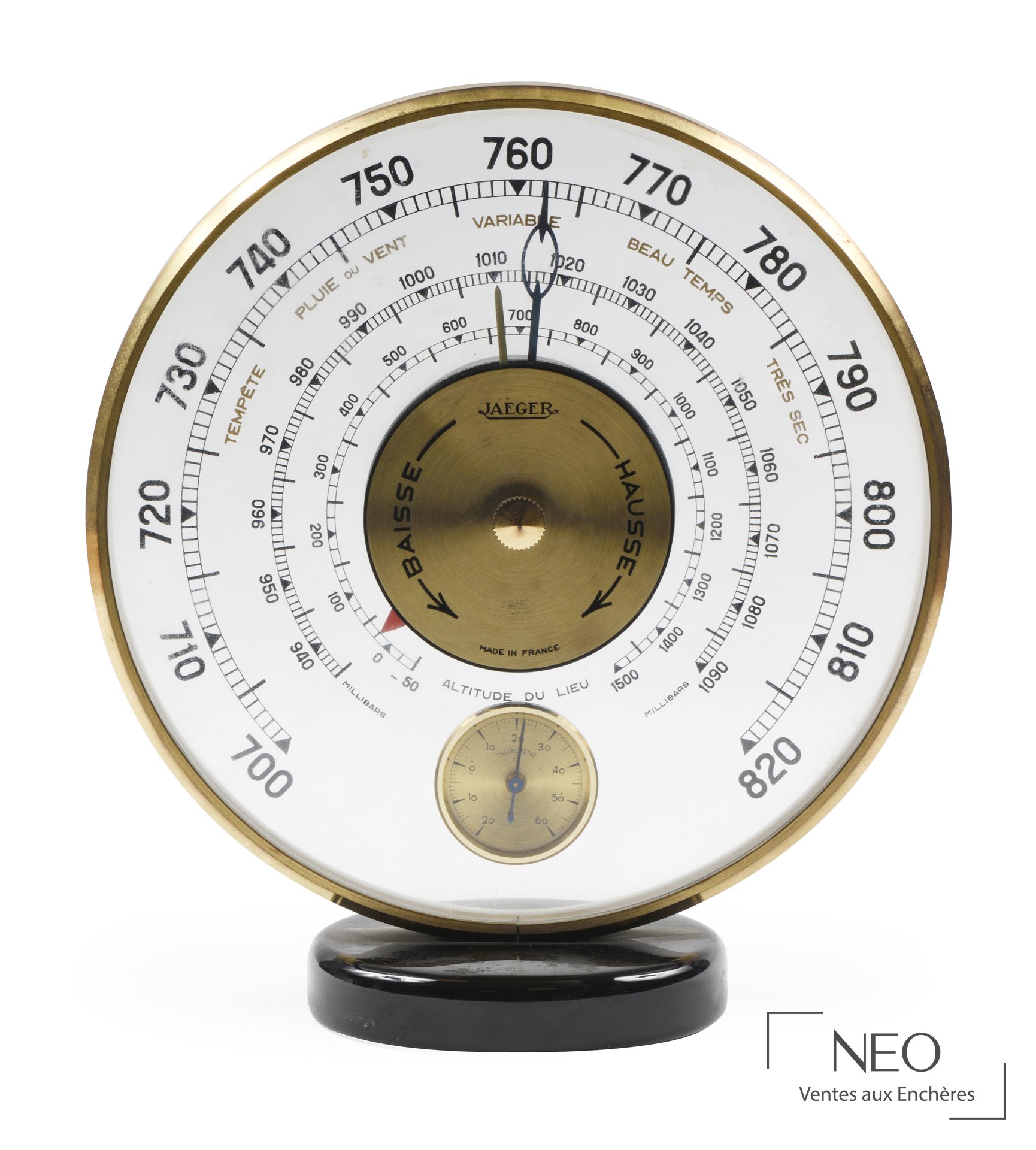Baromètre-thermomètre circulaire Jaeger LeCoultre de face