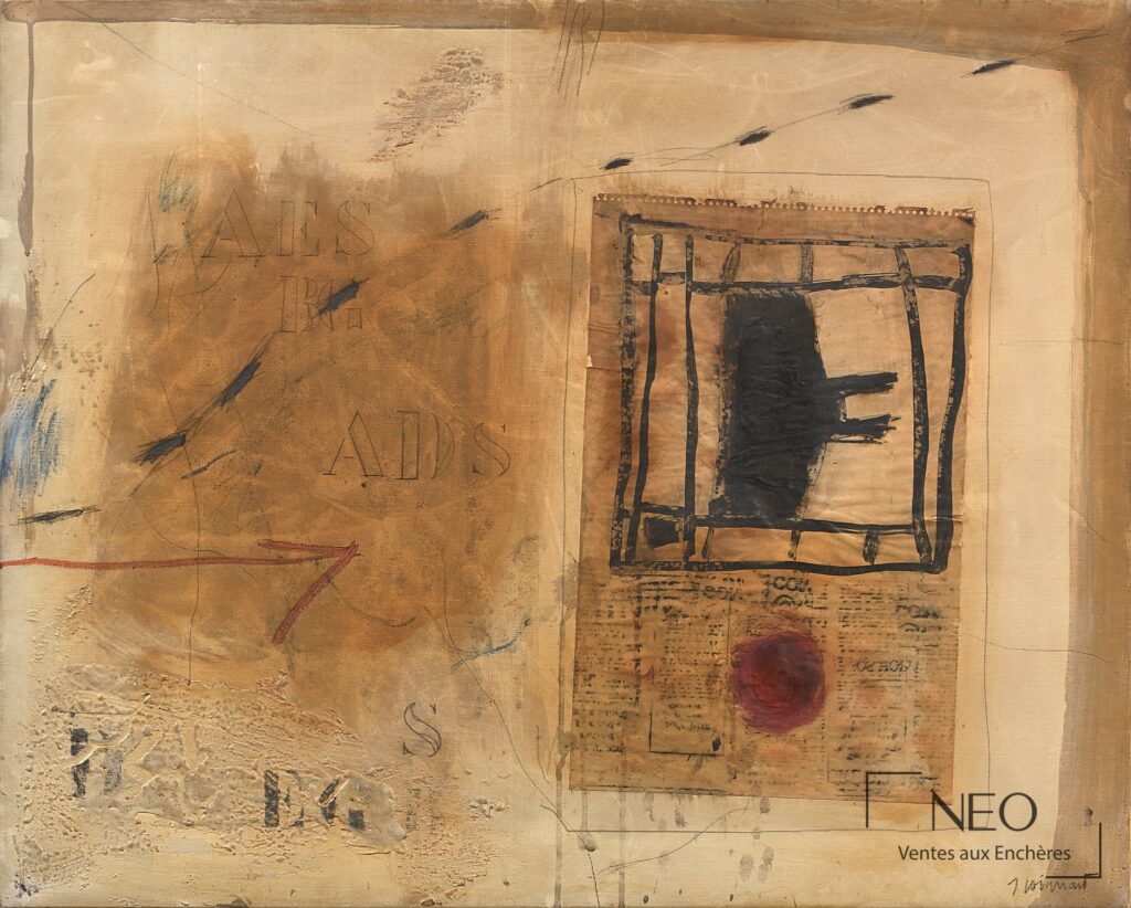 Composition abstraite de James Coignard avec large motif rouge et noirs sur fond beige