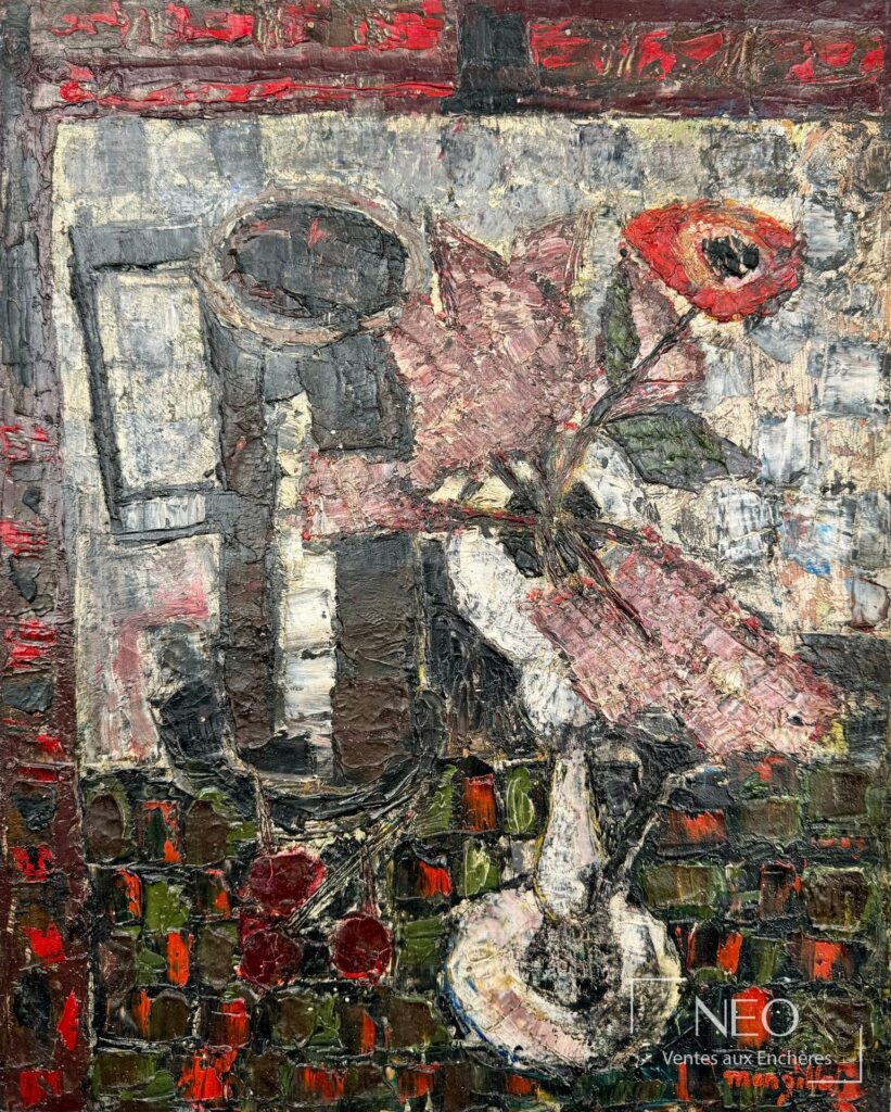 Nature morte abstraite de Janine Mongillat aux empâtements sombres