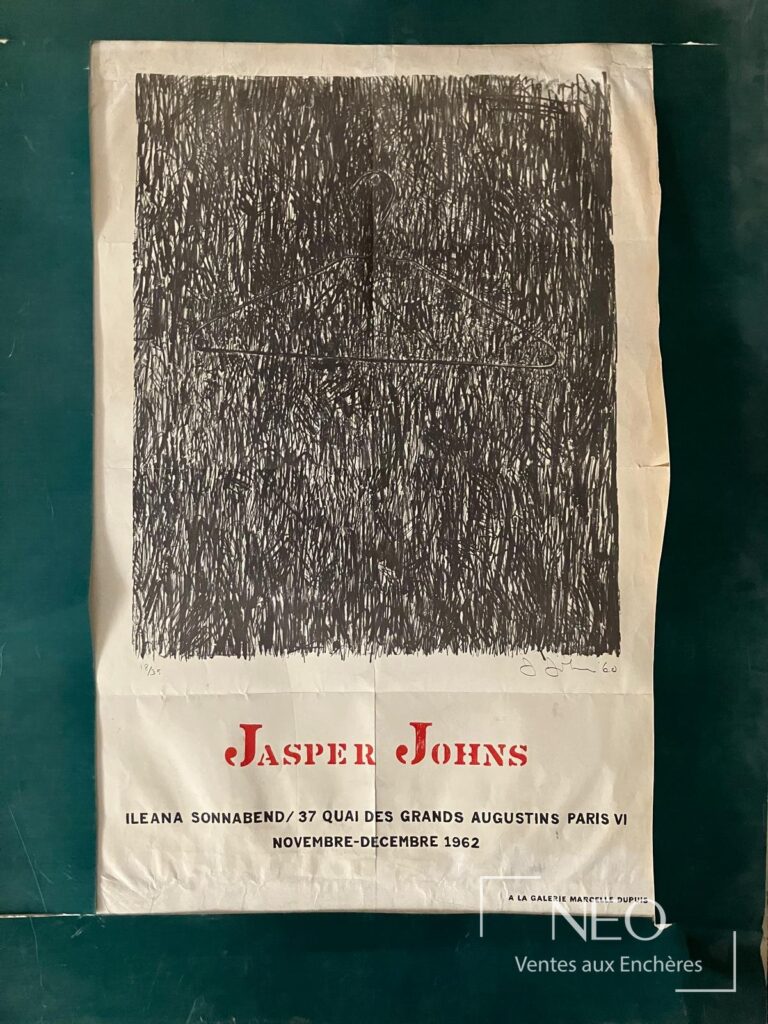 Affiche lithographique de Jasper Johns avec grand motif noir et texte rouge en partie basse