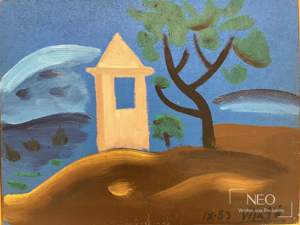 Huile colorée de Javier Vilato représentant un paysage stylisé avec arbre et construction sur fond bleu