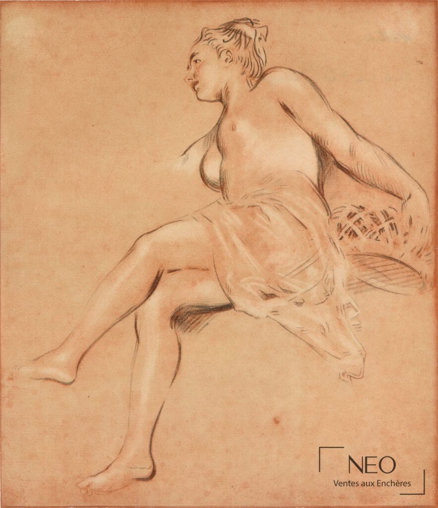 Figure féminine nue de profil dans une impression offset sur papier