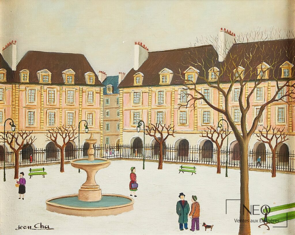 Huile sur toile représentant la Place des Vosges avec fontaine