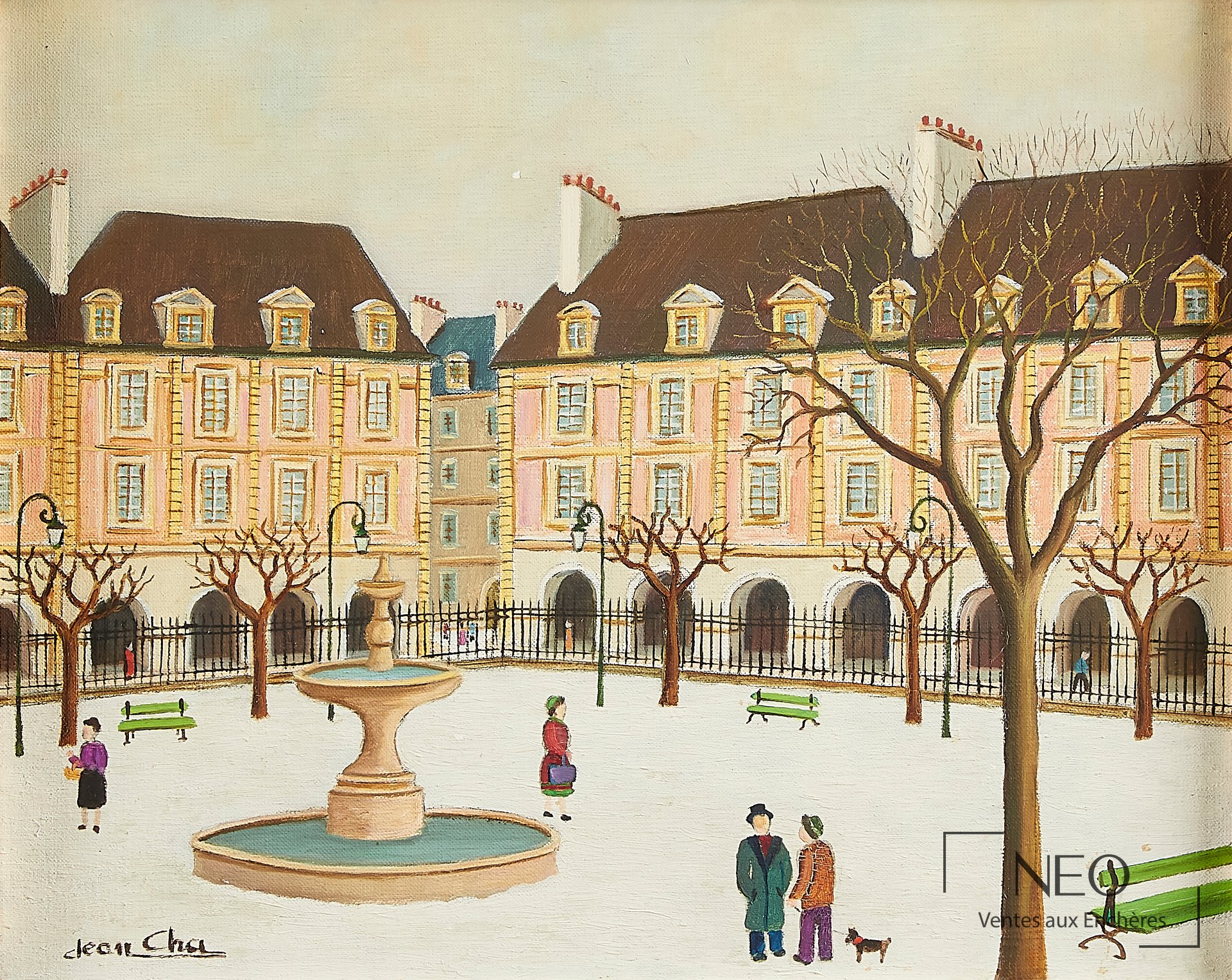 Huile sur toile représentant la Place des Vosges avec fontaine