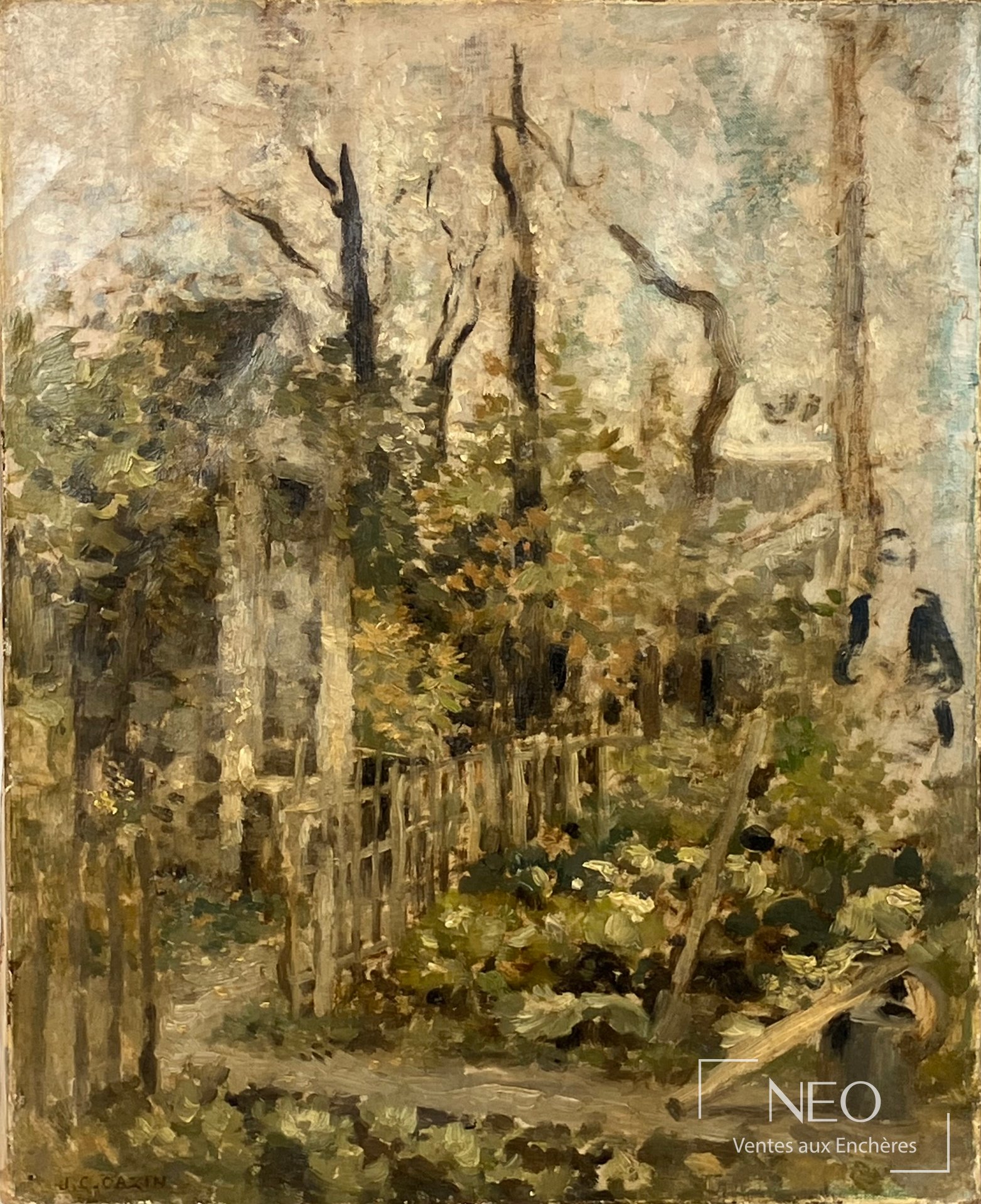 Huile sur toile représentant un coin de jardin arboré avec clôture et végétation dense
