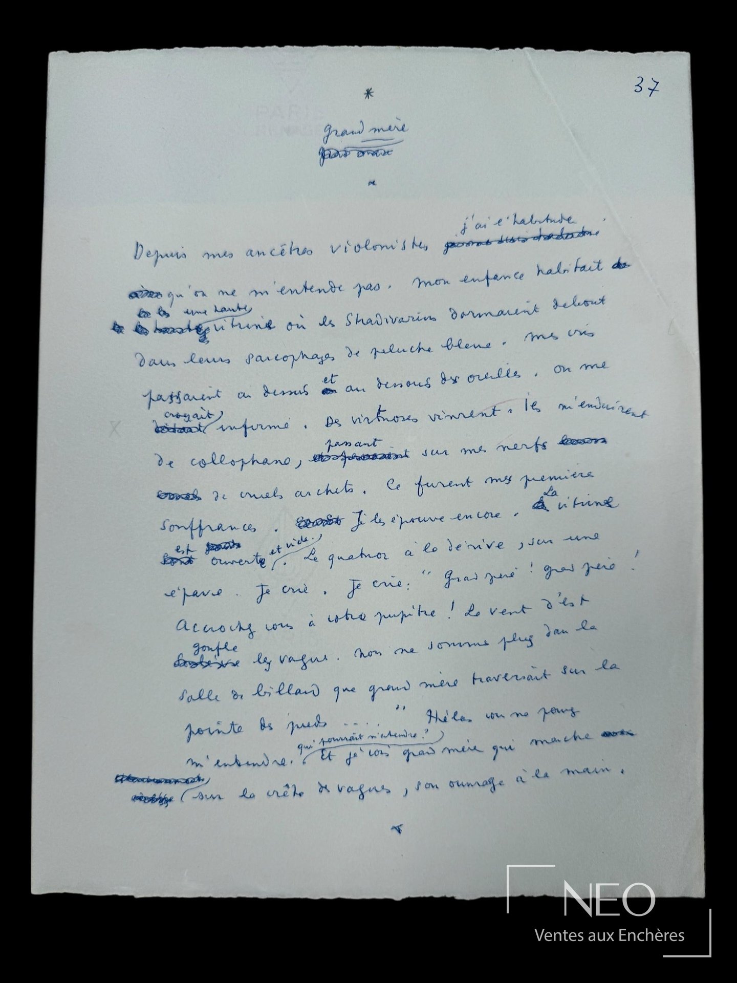 Jean Cocteau Poème autographe Grand mère