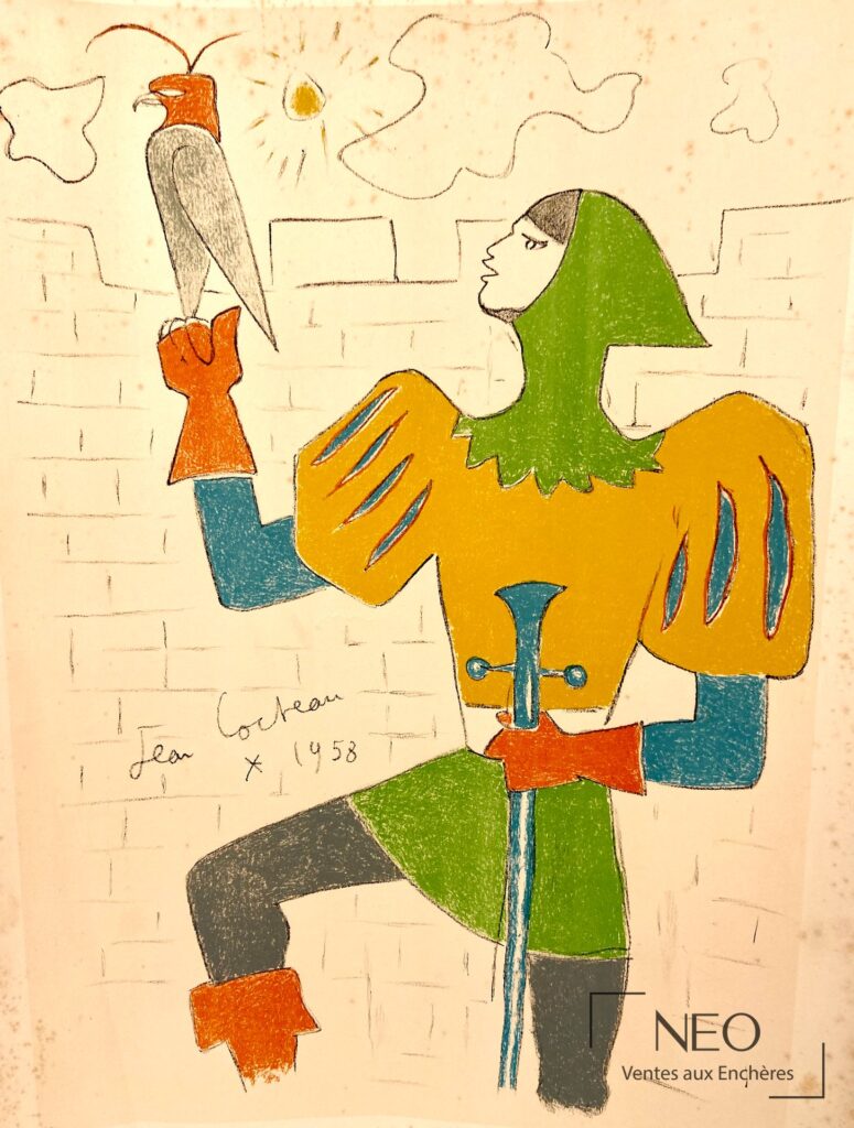 Lithographie en couleurs de Jean Cocteau représentant un oiseleur