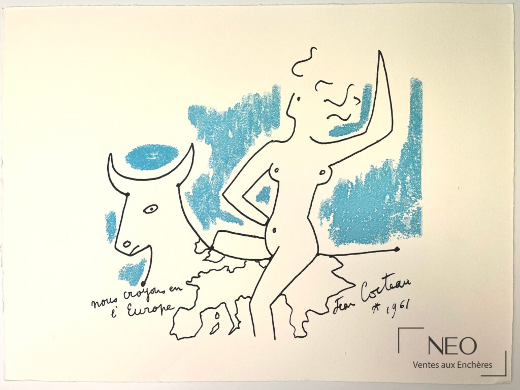 Lithographie en couleurs de Jean Cocteau montrant une composition aux formes noires et bleues