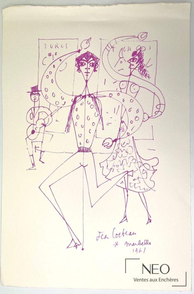 Lithographie en couleurs de Jean Cocteau représentant des danseurs de flamenco