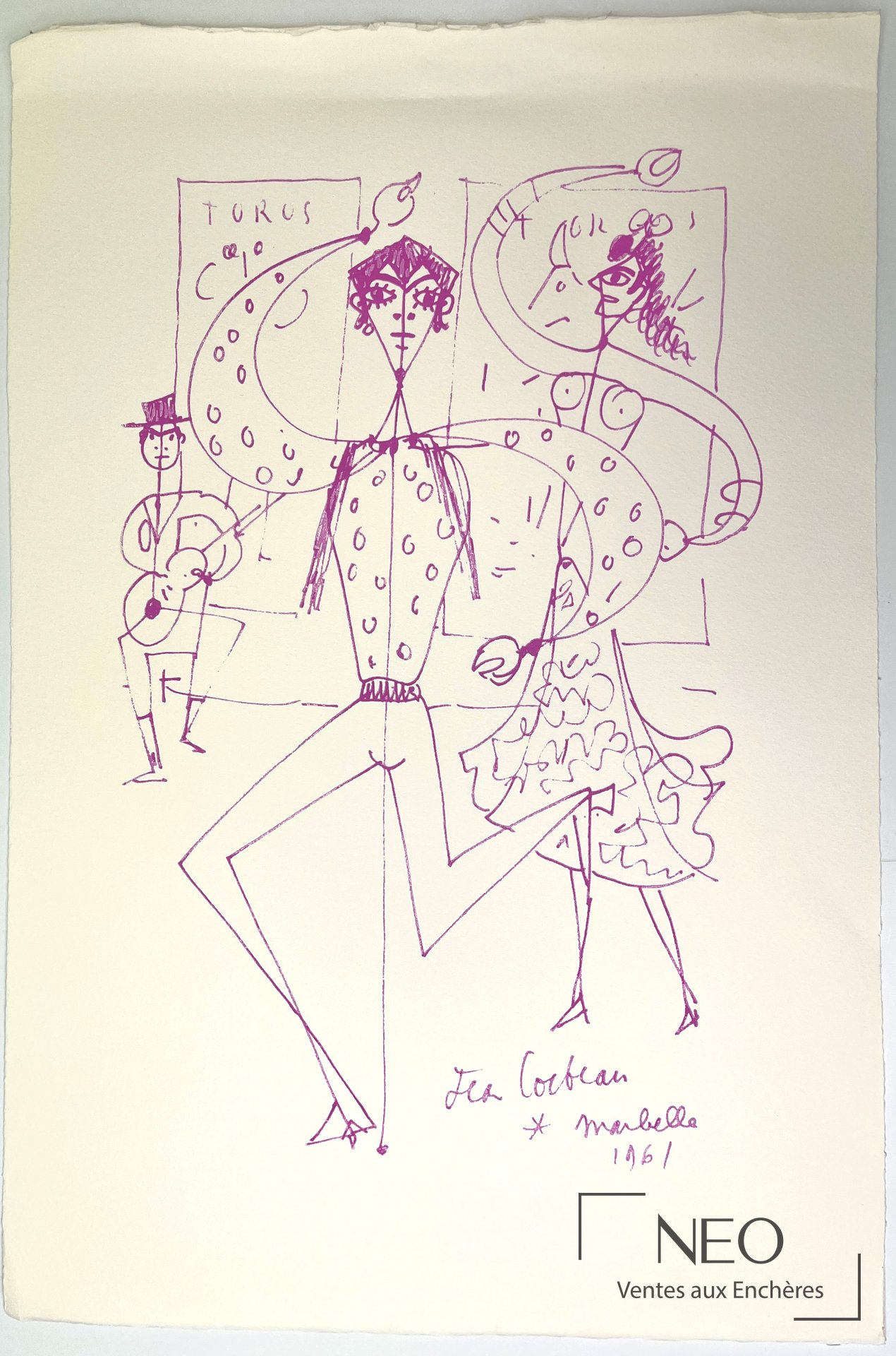 Jean Cocteau, Couple de danseurs de flamenco, lithographie en couleurs