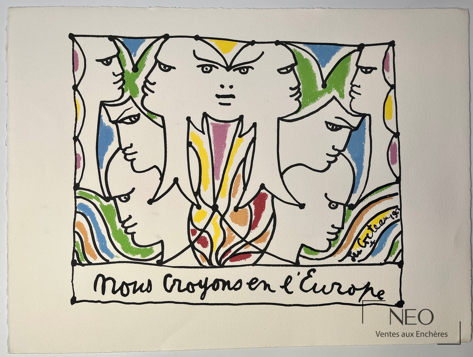 Jean Cocteau, Nous croyons en l’Europe, lithographie en couleurs