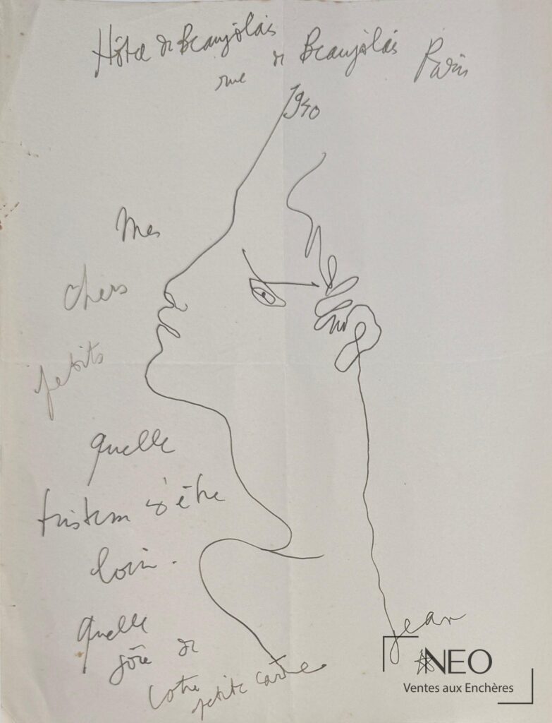 Dessin au trait d’un profil d’homme avec annotations manuscrites en haut et en bas de la feuille