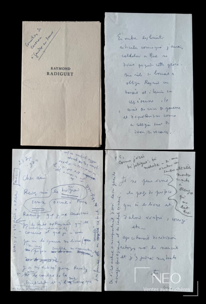 Ensemble de cinq feuillets et pages de titre liés à Raymond Radiguet
