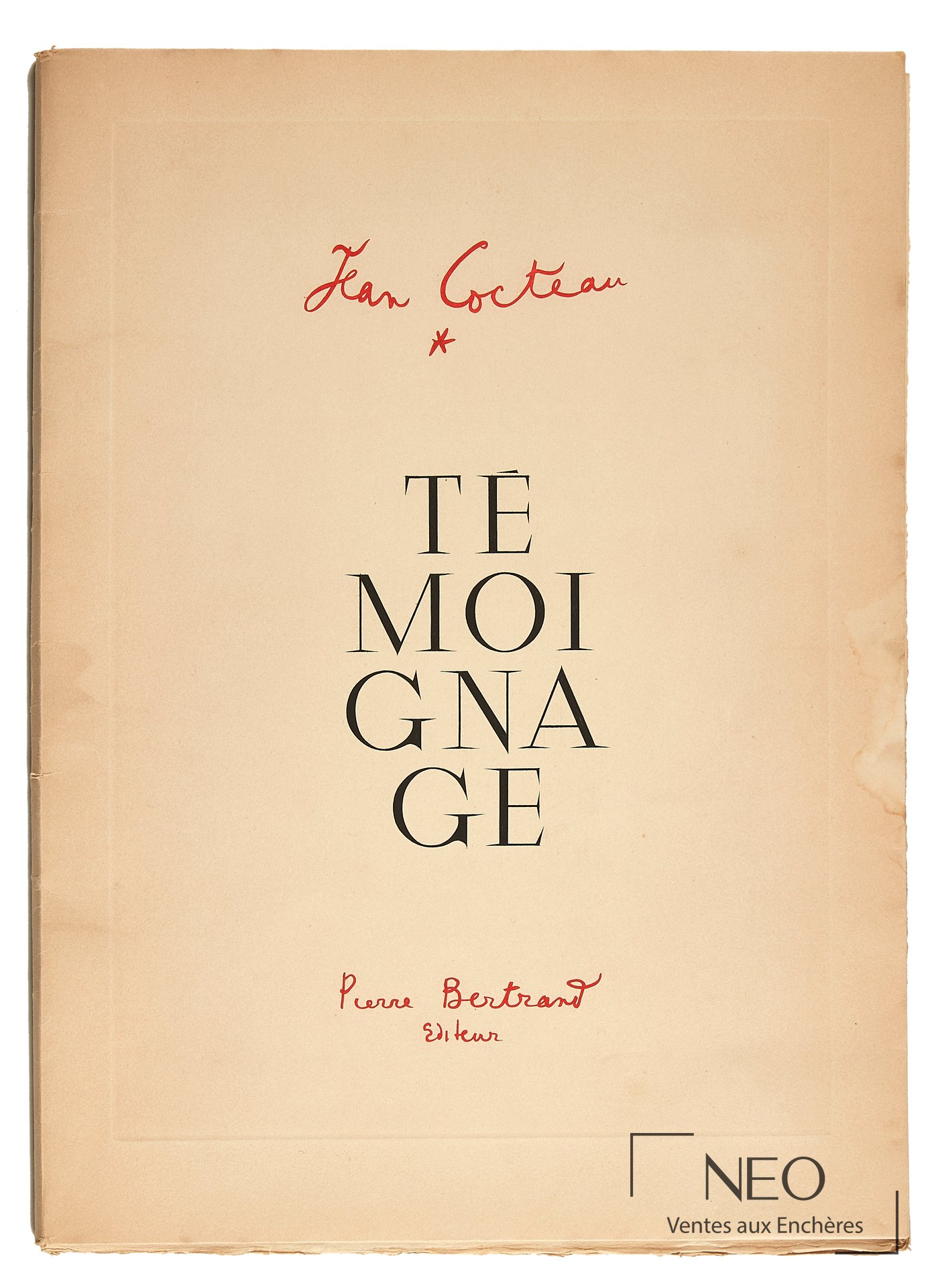 Couverture de Témoignage de Jean Cocteau avec titre typographique et envoi manuscrit